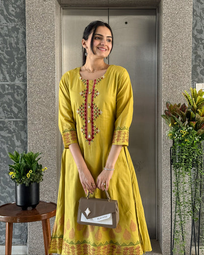 Olive A-Line Kurta Palazzo Set For Women
