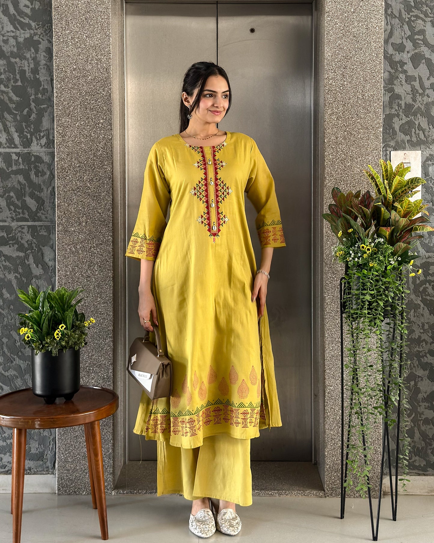 Olive A-Line Kurta Palazzo Set For Women