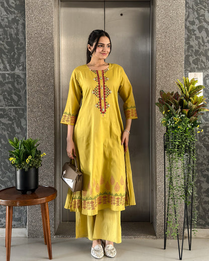 Olive A-Line Kurta Palazzo Set For Women
