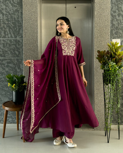 Wine Round Kurta Plazzo Set with Dupatta