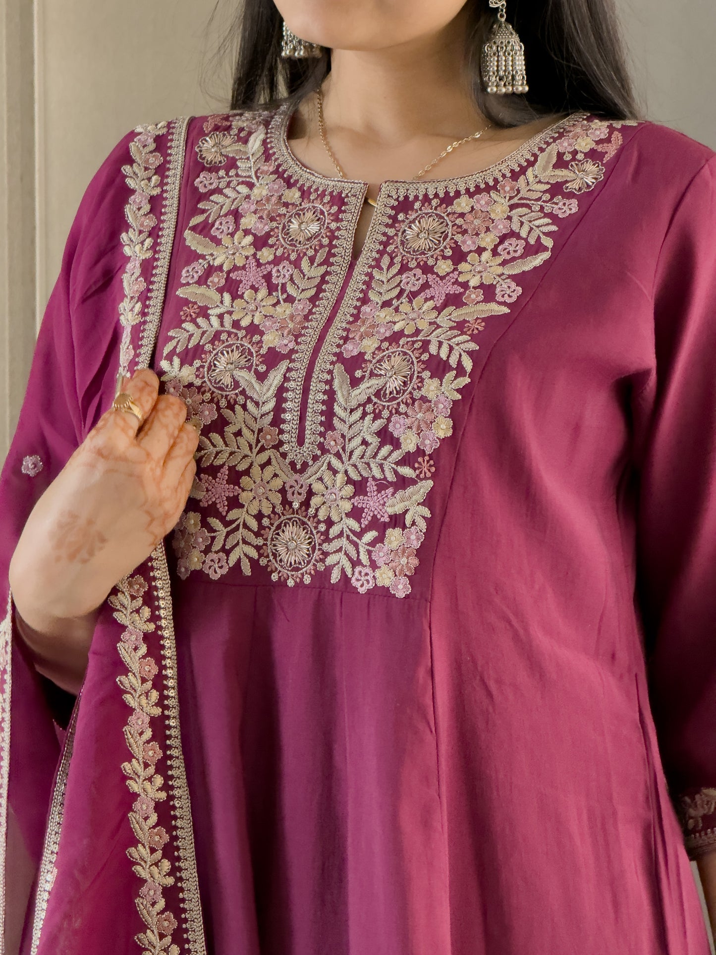 Wine Round Kurta Plazzo Set with Dupatta