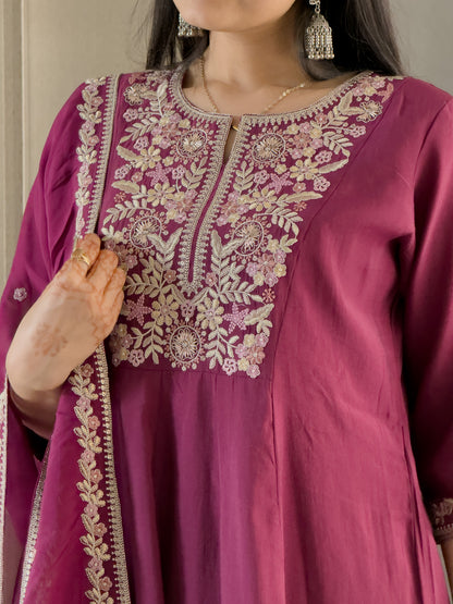 Wine Round Kurta Plazzo Set with Dupatta
