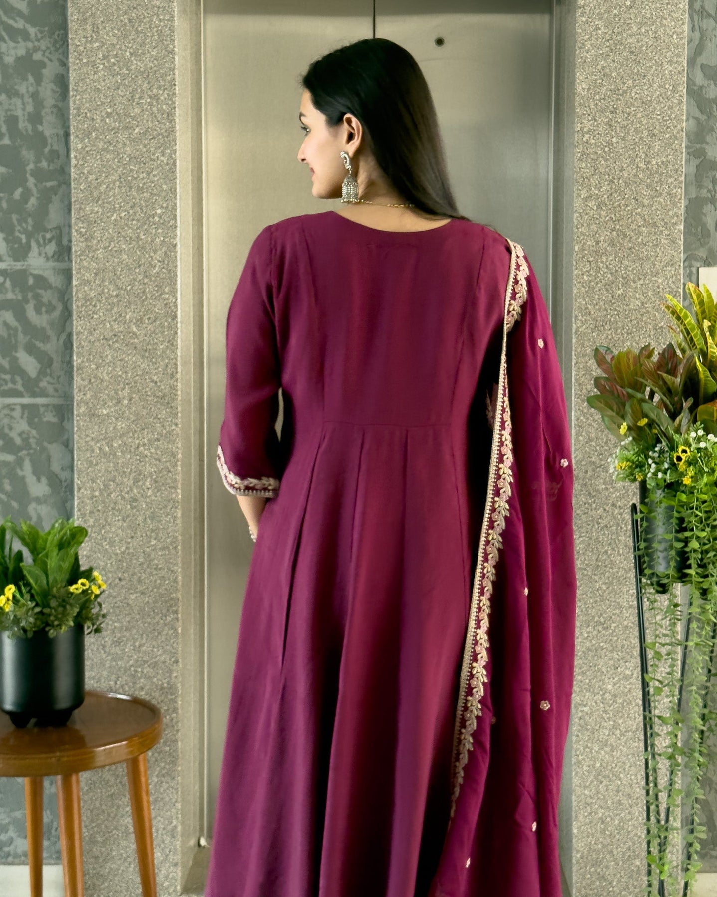 Wine Round Kurta Plazzo Set with Dupatta