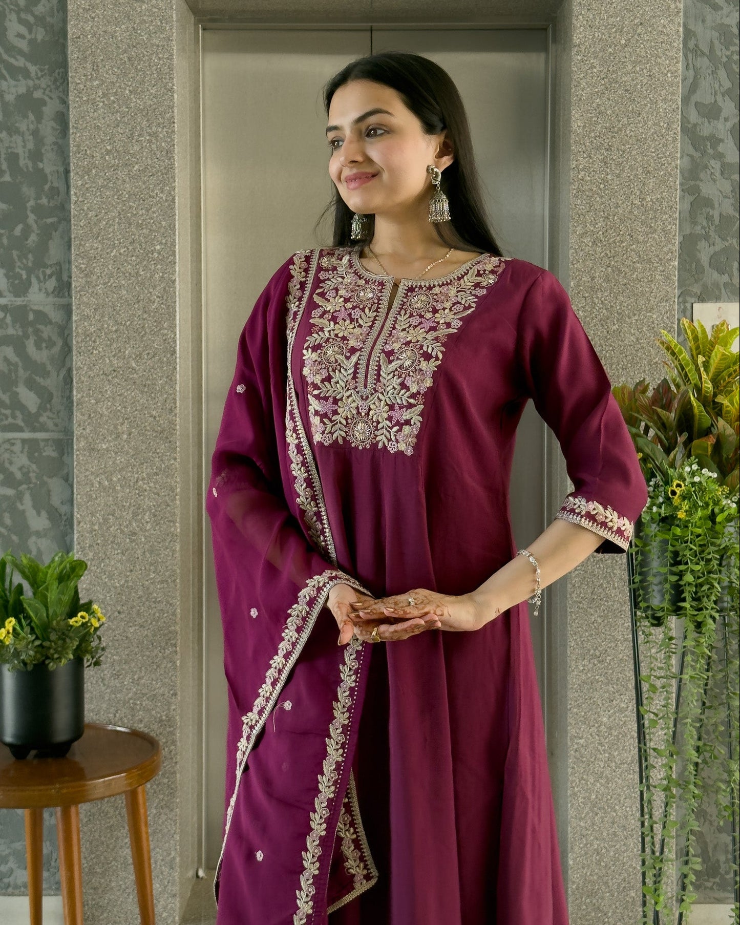 Wine Round Kurta Plazzo Set with Dupatta