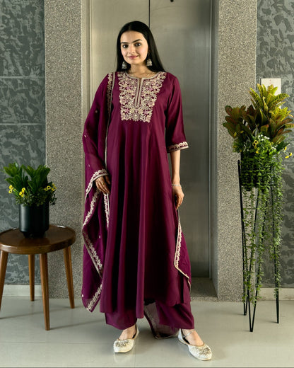 Wine Round Kurta Plazzo Set with Dupatta