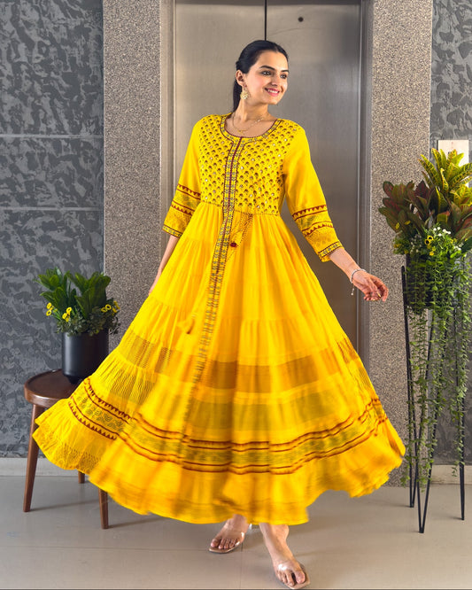 Yellow Printed Gown For Girls