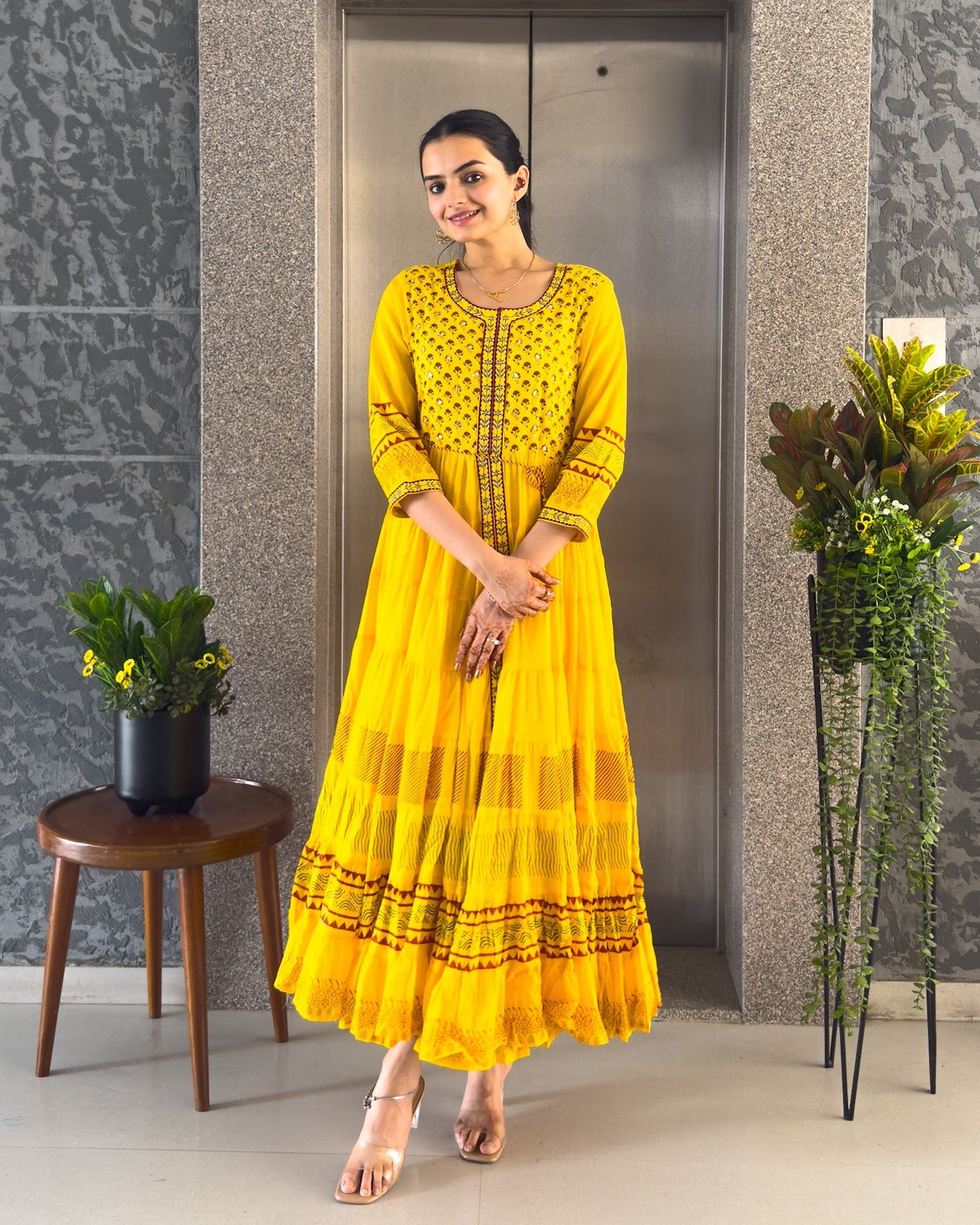 Yellow Printed Gown For Girls