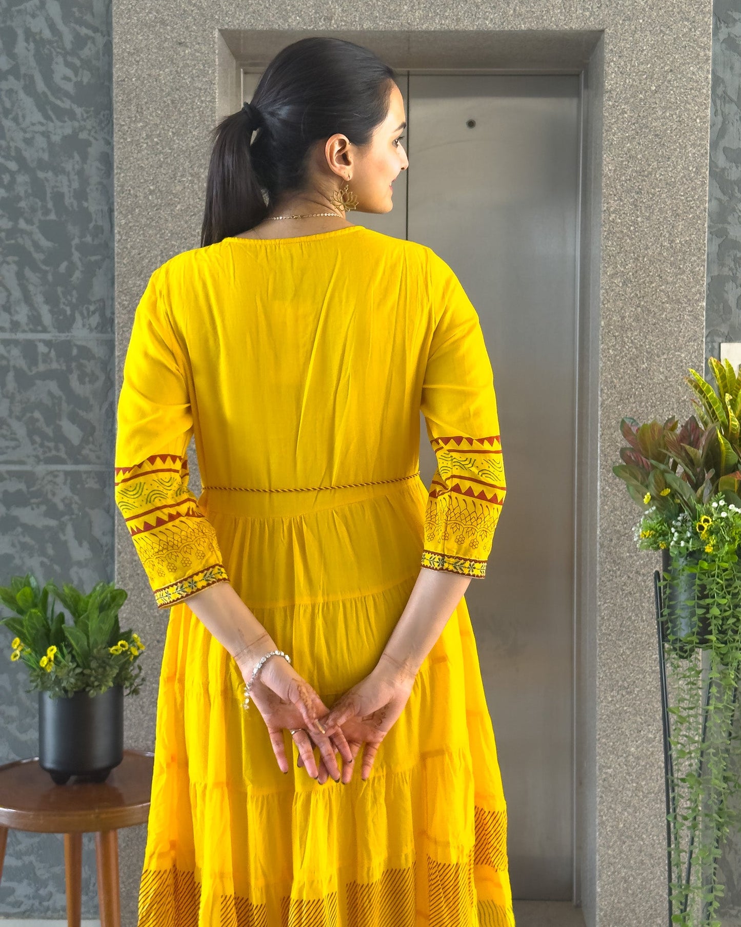 Yellow Printed Gown For Girls