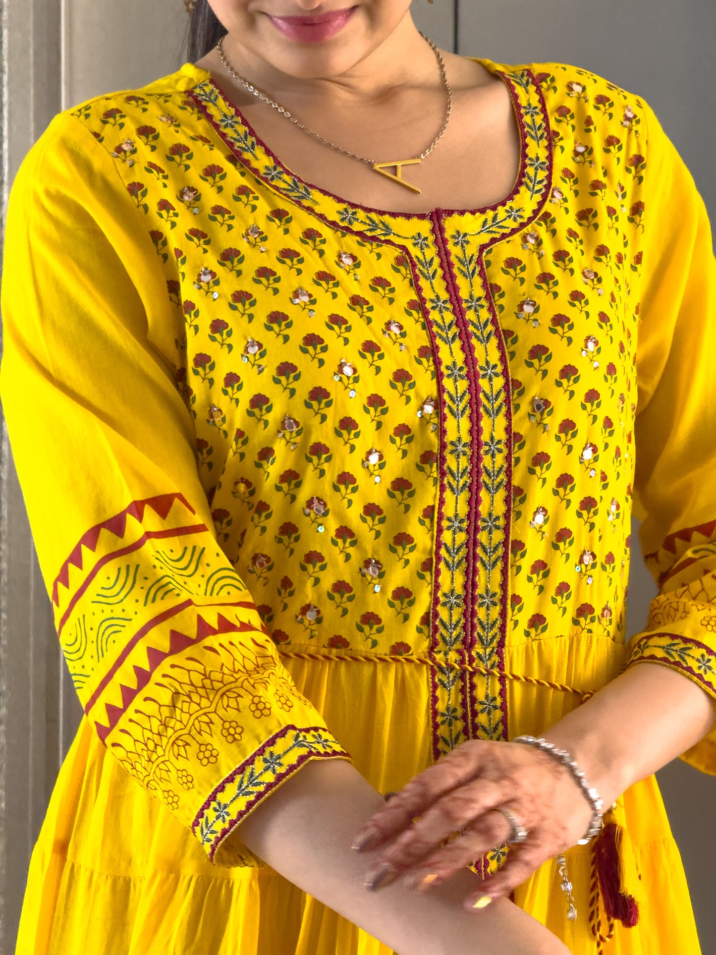 Yellow Printed Gown For Girls