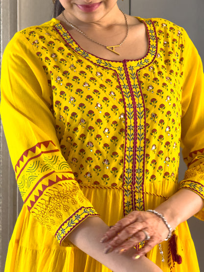Yellow Printed Gown For Girls