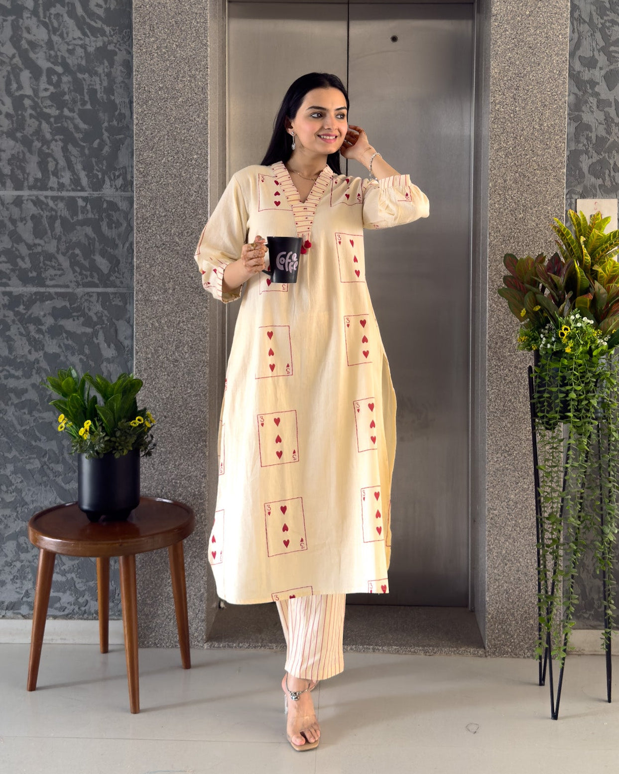 Off White Straight Kurta Pant  Set for Women