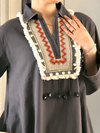 Black A-Line Kurta Pant Set for Women