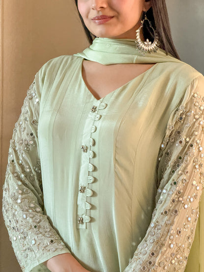 Pista Anarkali Kurta Pant with Dupatta Set