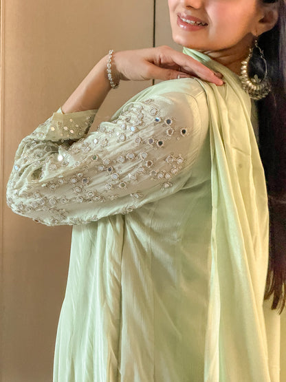 Pista Anarkali Kurta Pant with Dupatta Set