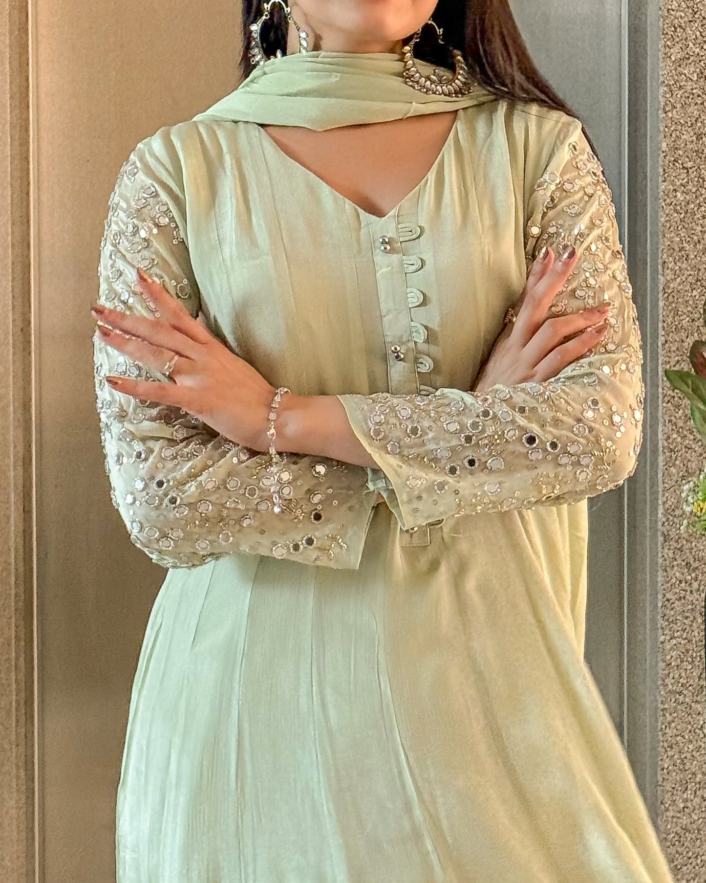 Pista Anarkali Kurta Pant with Dupatta Set