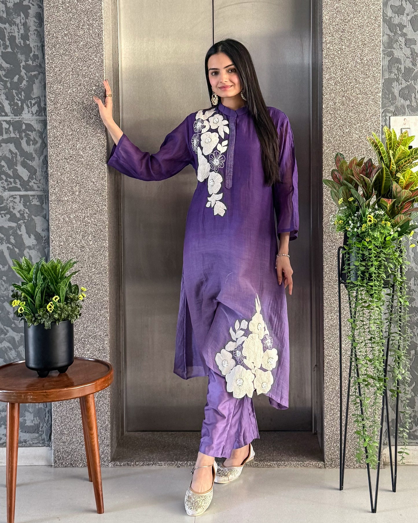 purple A-Line Kurta Pant Set for Women
