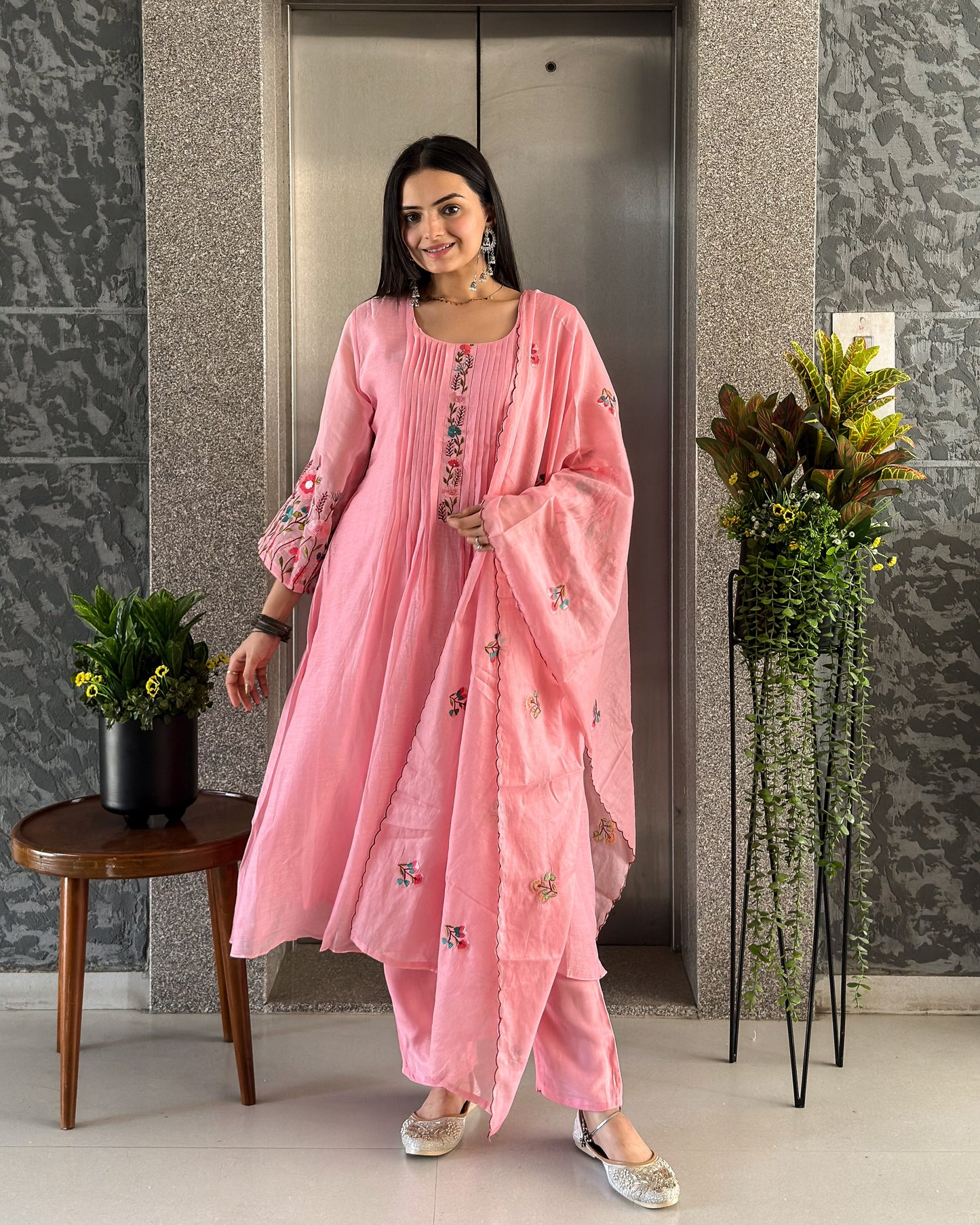 Light Pink A-line Kurta Pant Set with Dupatta