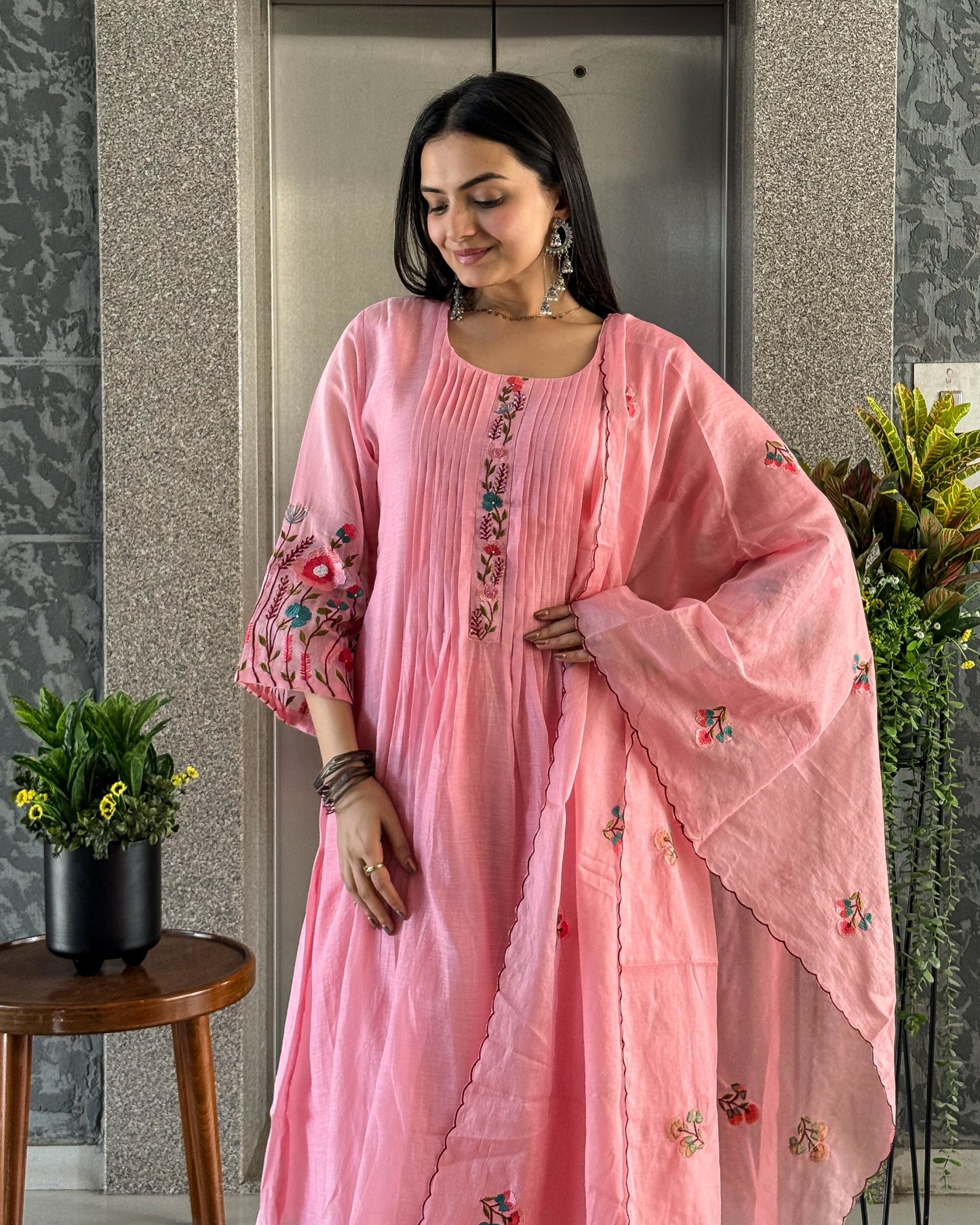 Light Pink A-line Kurta Pant Set with Dupatta