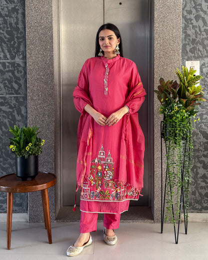 Pink A Line Kurta Pant Set with Dupatta