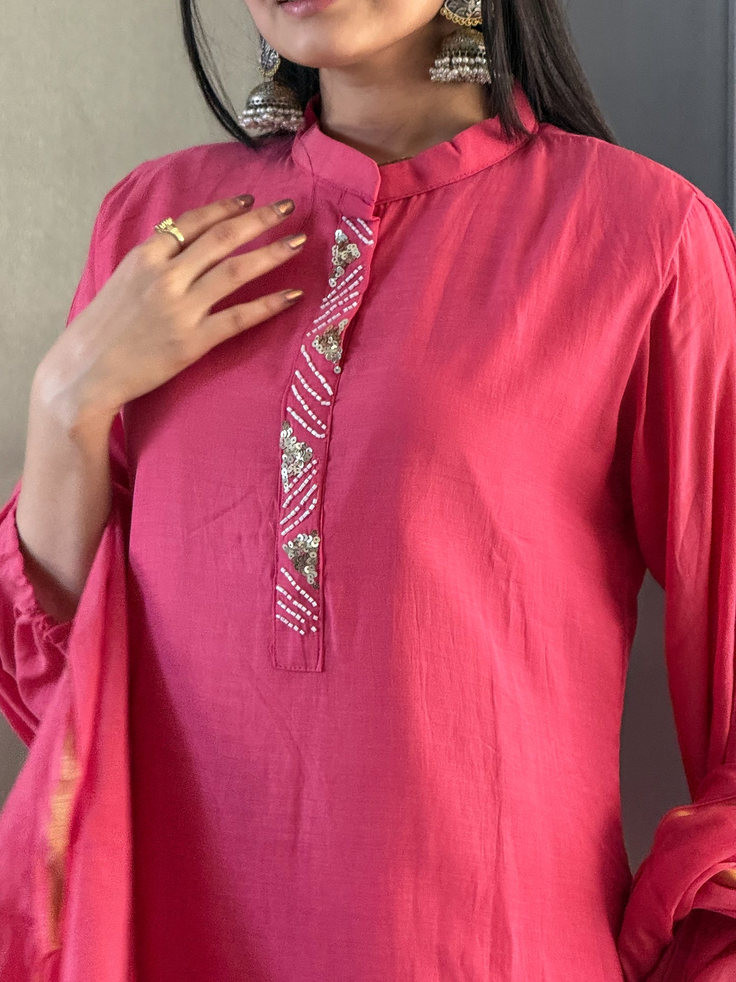 Pink A Line Kurta Pant Set with Dupatta