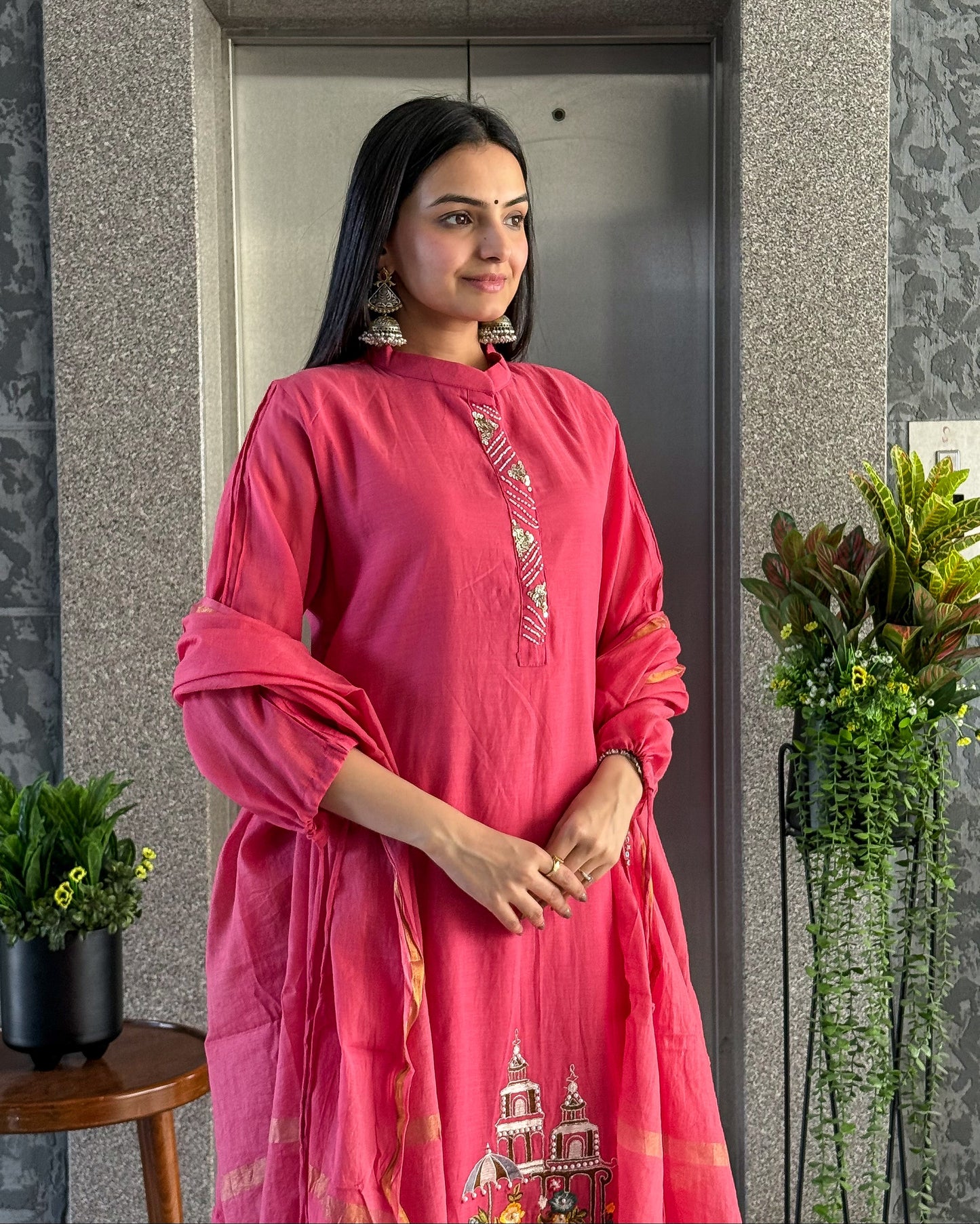 Pink A Line Kurta Pant Set with Dupatta