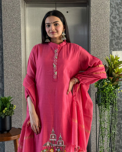 Pink A Line Kurta Pant Set with Dupatta