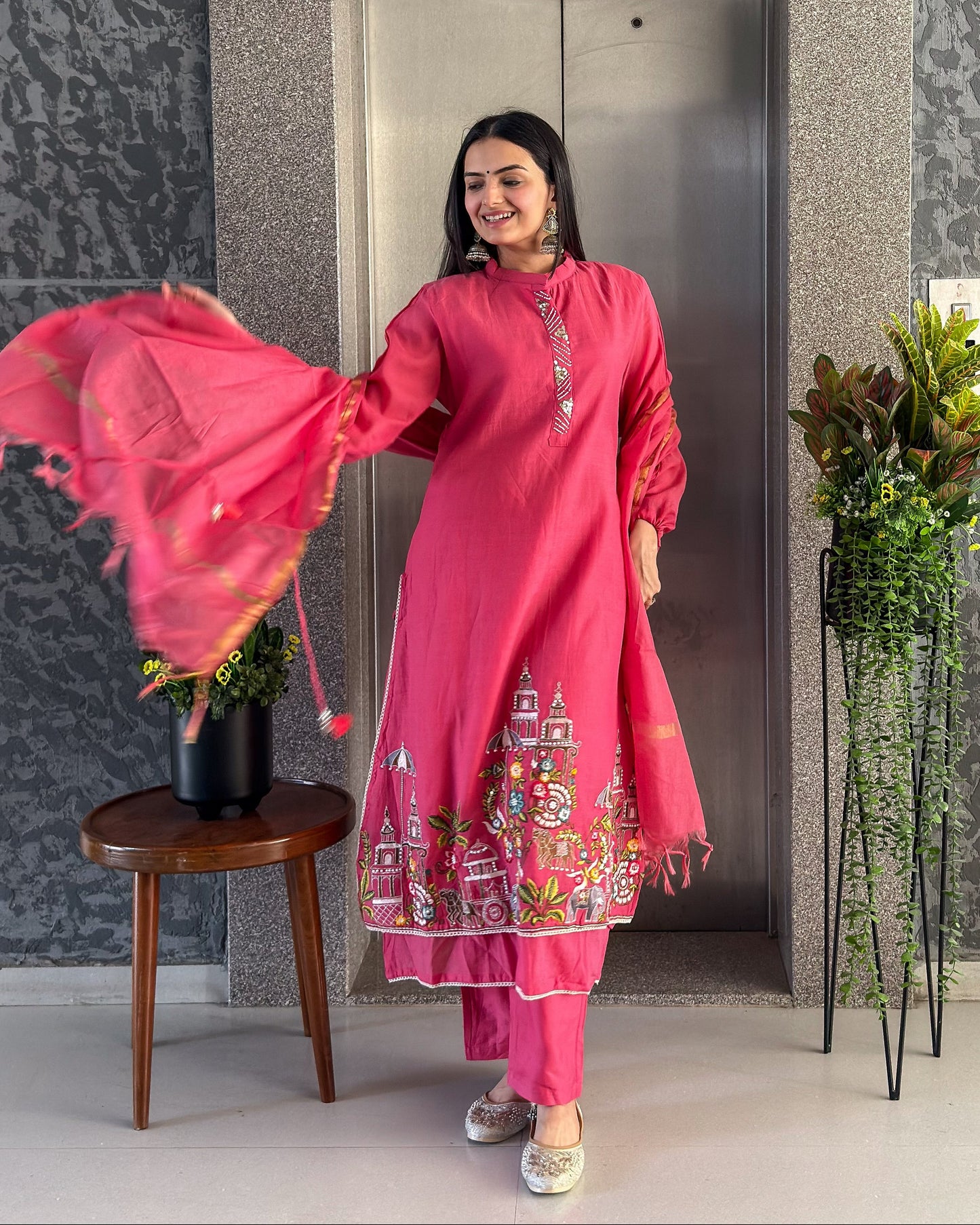Pink A Line Kurta Pant Set with Dupatta
