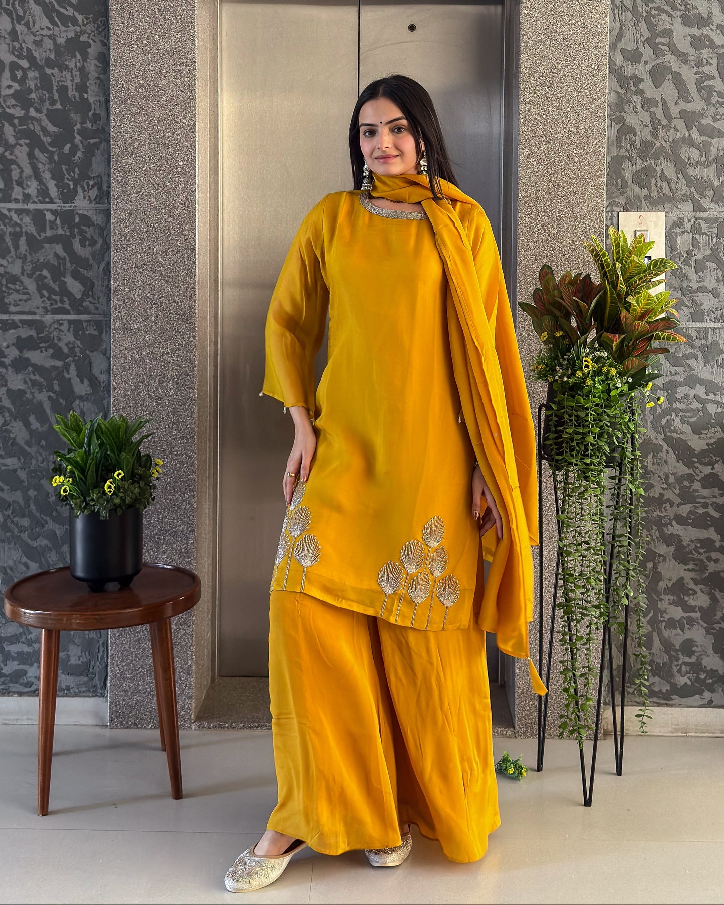 Mustard Gold Short Kurta Palazzo Set with Dupatta