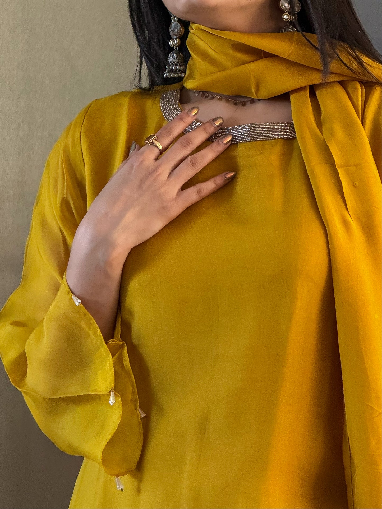 Mustard Gold Short Kurta Palazzo Set with Dupatta