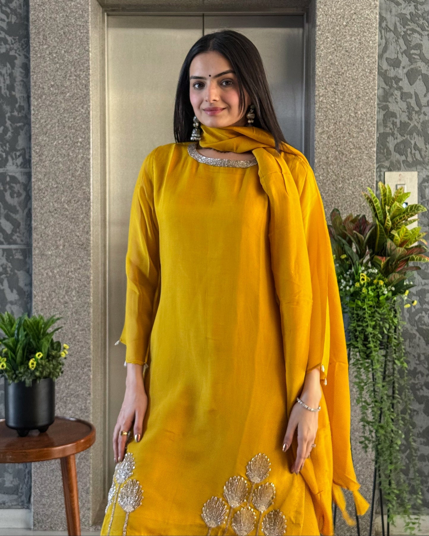 Mustard Gold Short Kurta Palazzo Set with Dupatta