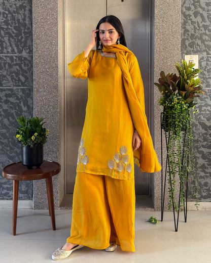 Mustard Gold Short Kurta Palazzo Set with Dupatta