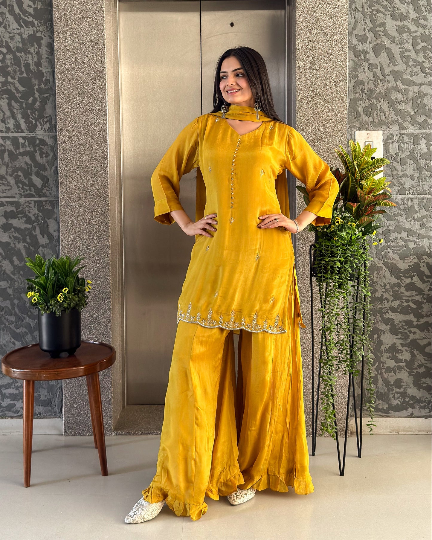 Yellow Short Kurta Palazzo Set with Dupatta