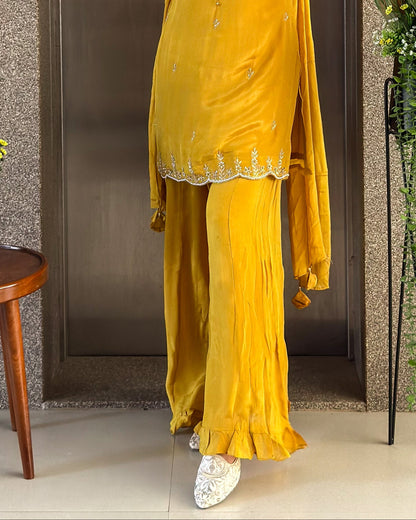 Yellow Short Kurta Palazzo Set with Dupatta