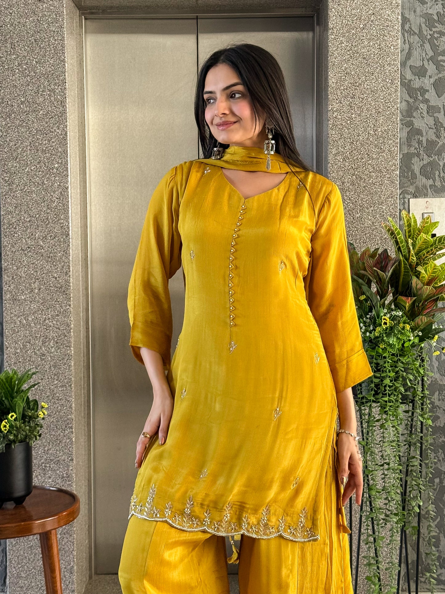 Yellow Short Kurta Palazzo Set with Dupatta