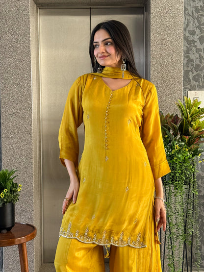 Yellow Short Kurta Palazzo Set with Dupatta