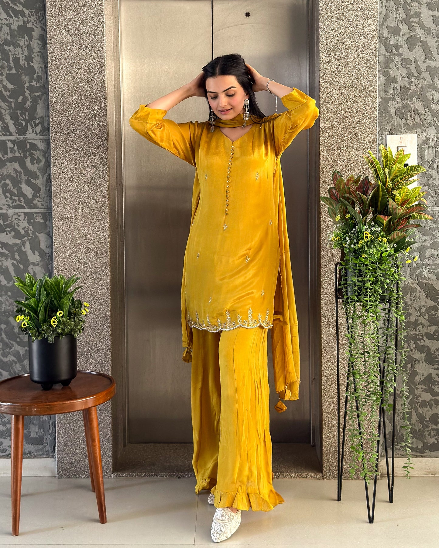Yellow Short Kurta Palazzo Set with Dupatta