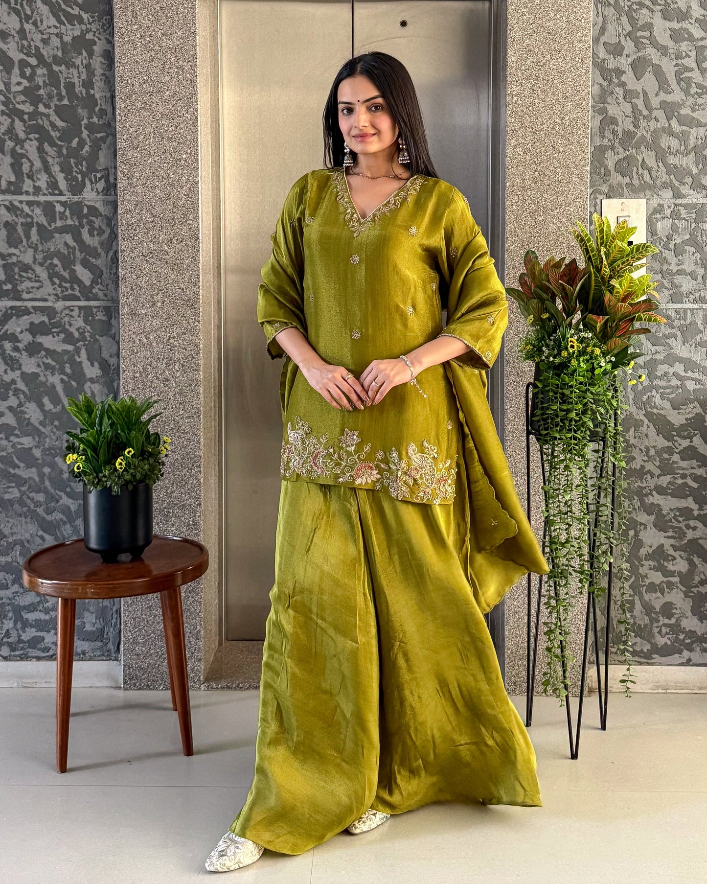 Mahendi Short Kurta Palazzo Set with Dupatta