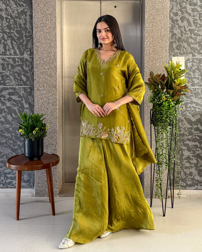 Mahendi Short Kurta Palazzo Set with Dupatta