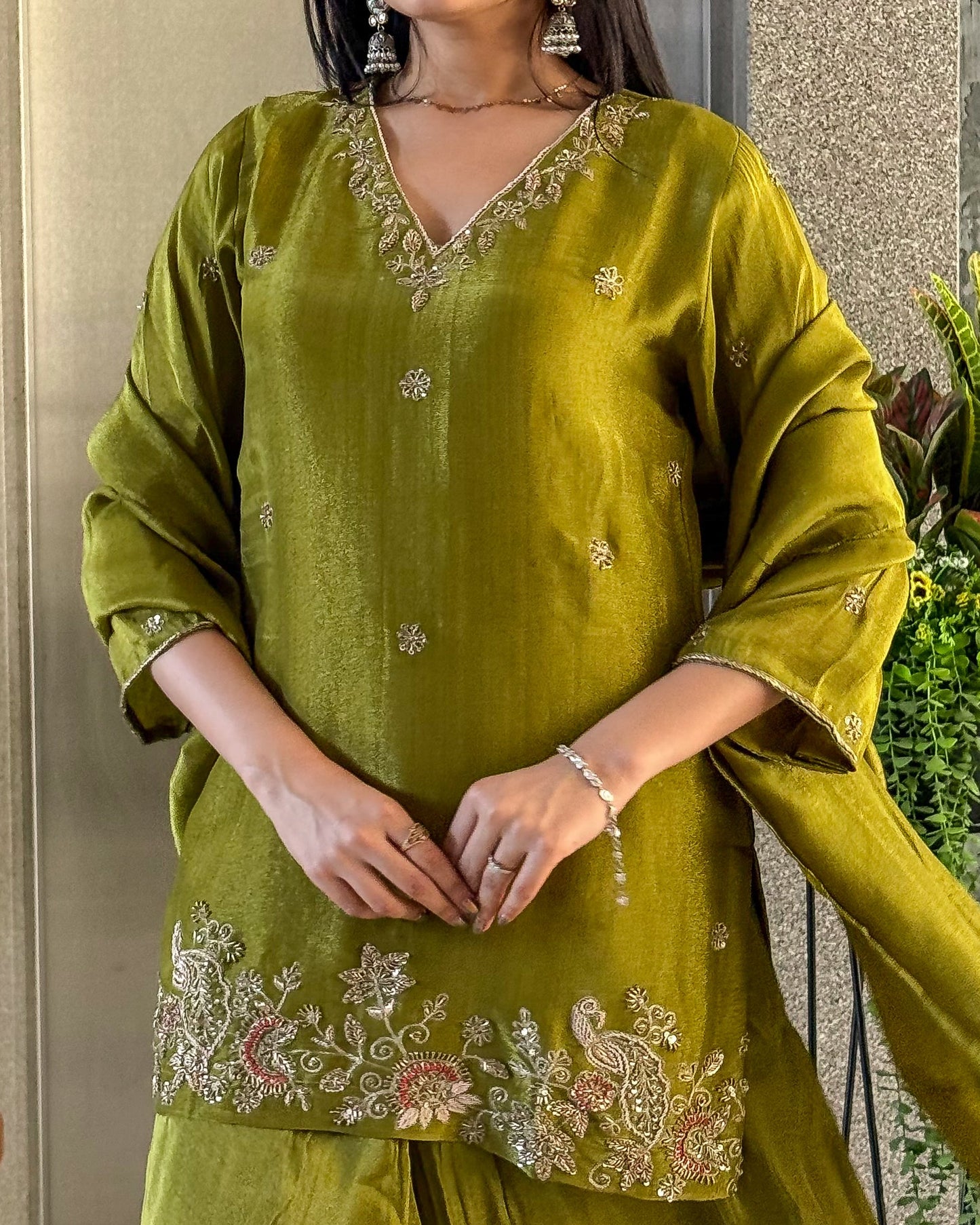Mahendi Short Kurta Palazzo Set with Dupatta