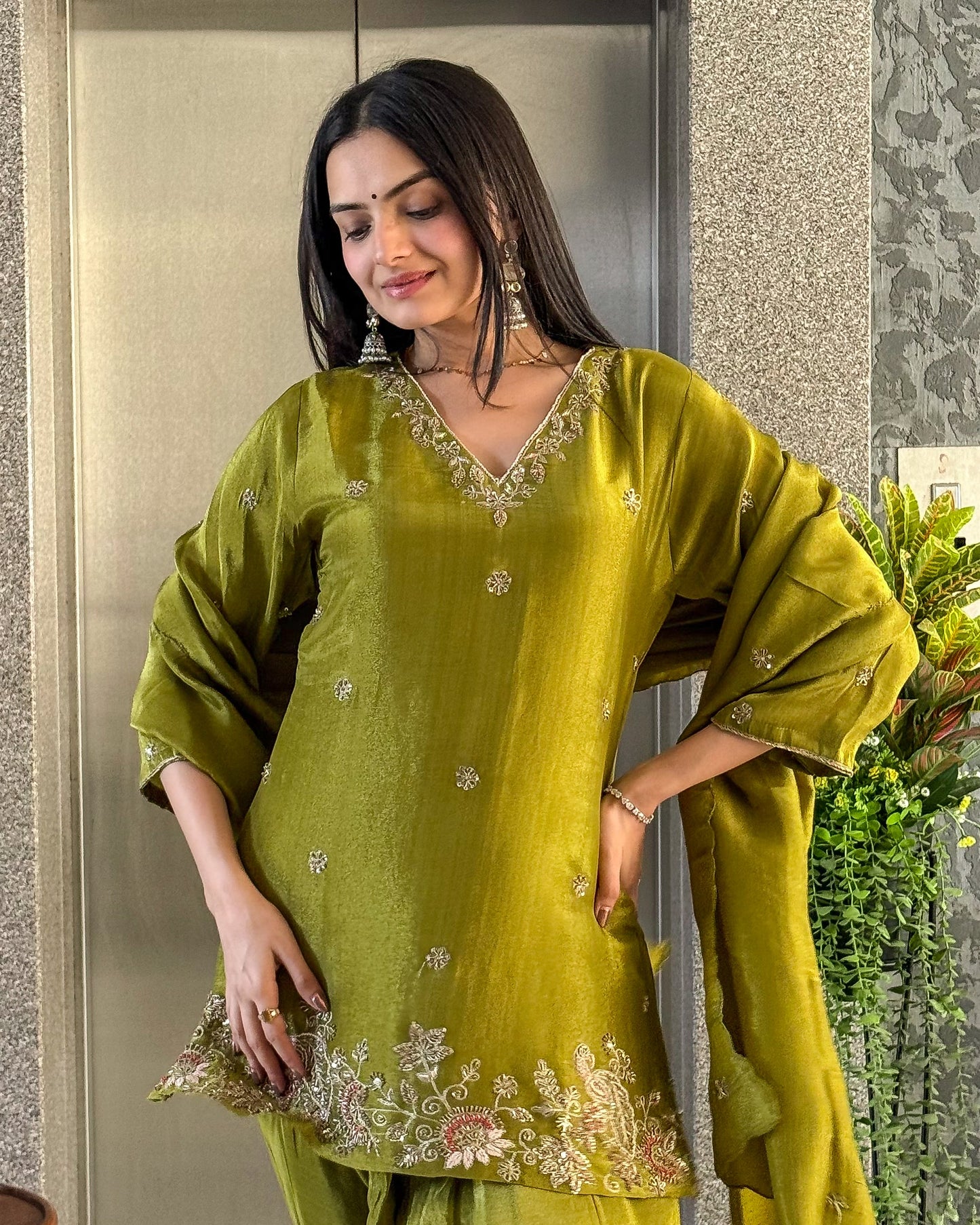 Mahendi Short Kurta Palazzo Set with Dupatta