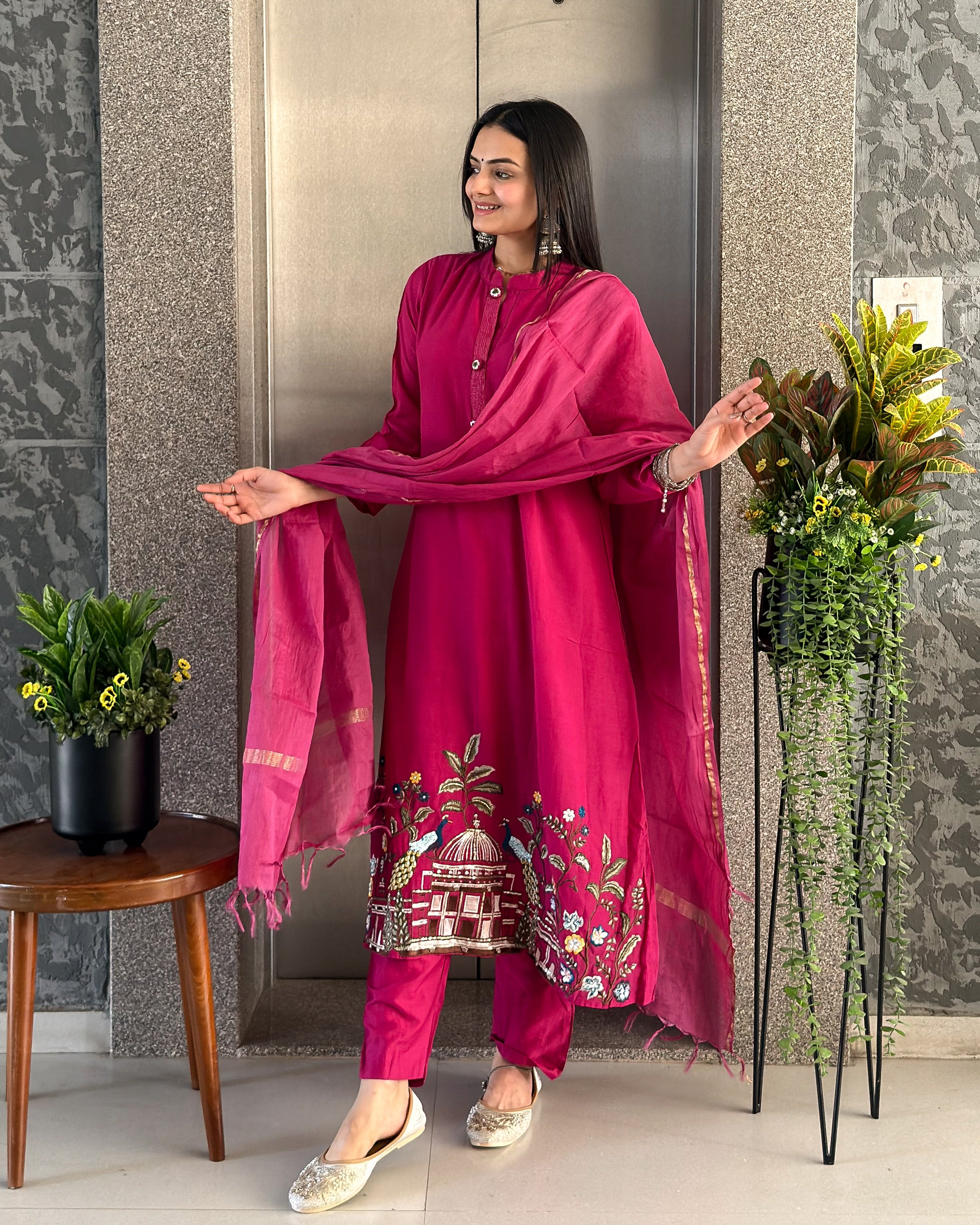 Dark Pink A Line Kurta Pant Set with Dupatta
