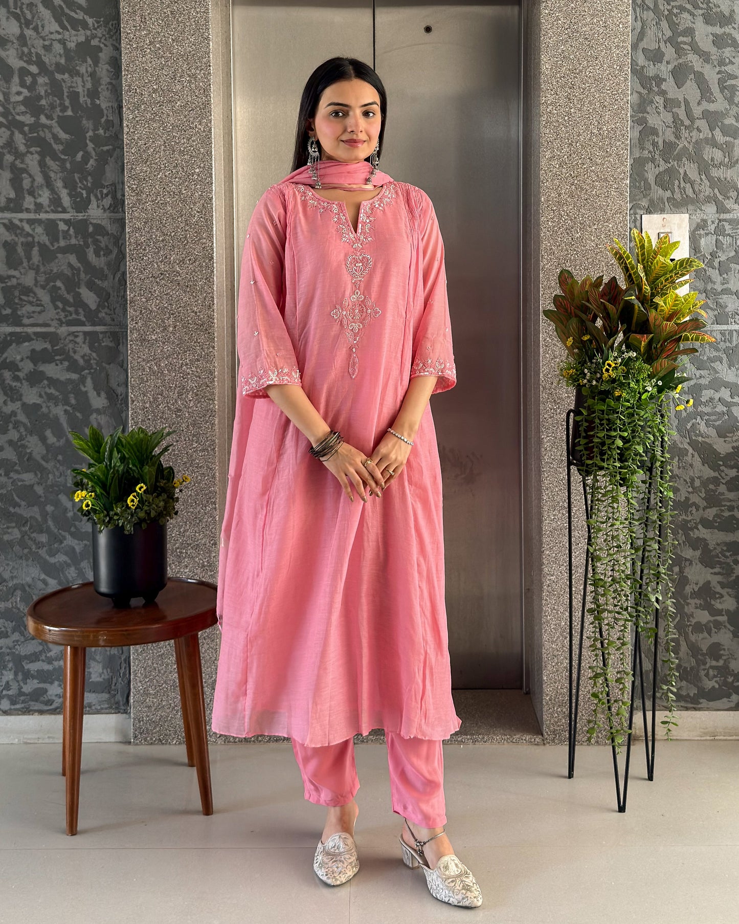Baby Pink A Line Kurta Pant Set with Dupatta
