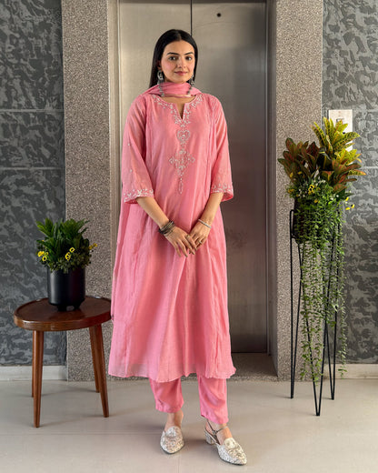 Baby Pink A Line Kurta Pant Set with Dupatta