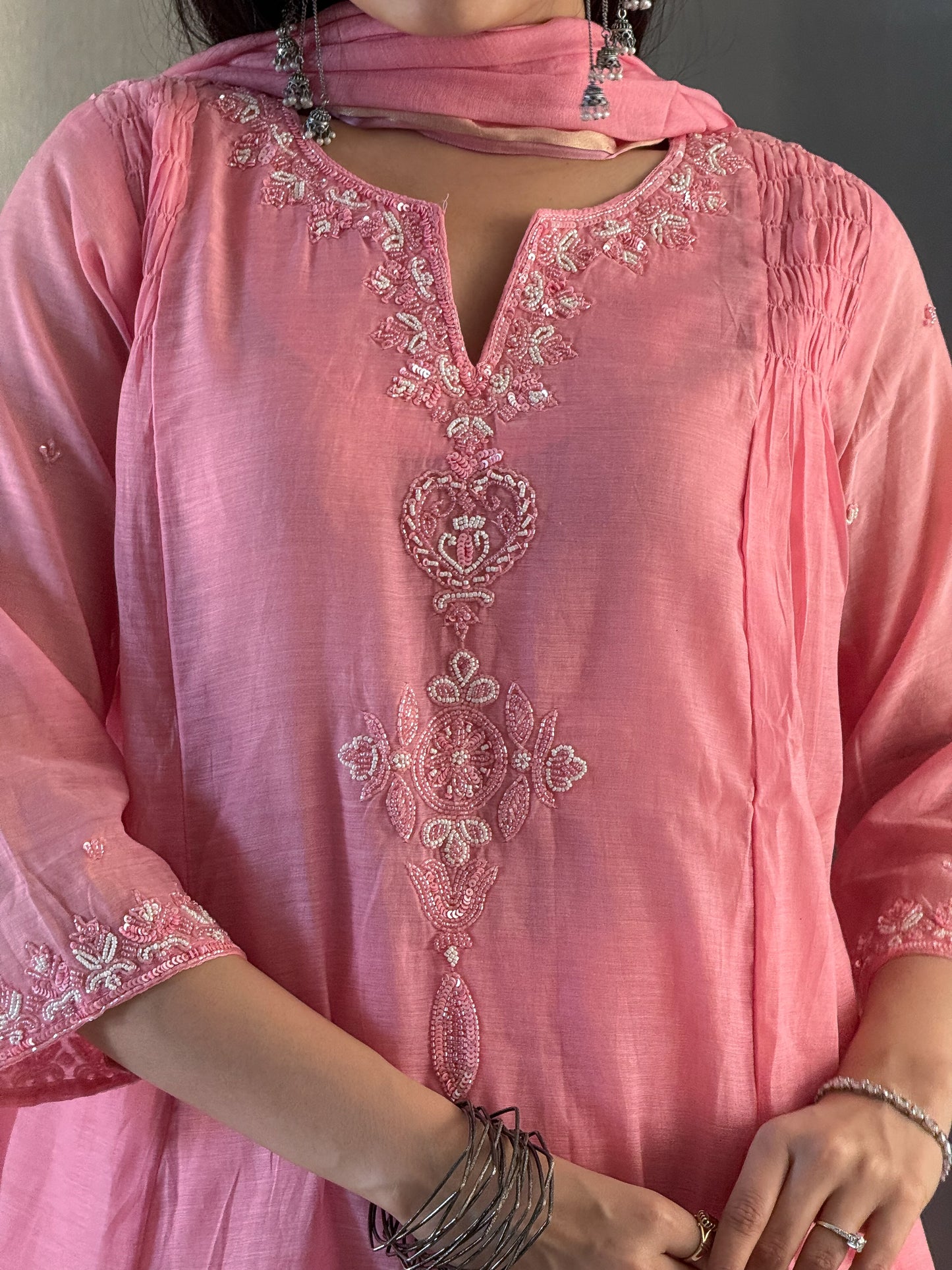 Baby Pink A Line Kurta Pant Set with Dupatta