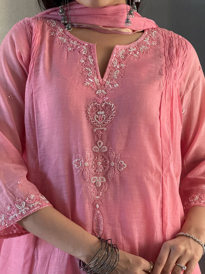 Baby Pink A Line Kurta Pant Set with Dupatta