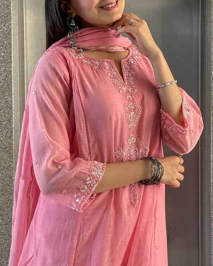 Baby Pink A Line Kurta Pant Set with Dupatta