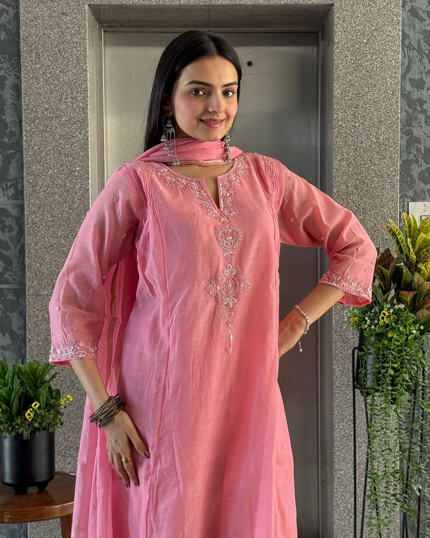 Baby Pink A Line Kurta Pant Set with Dupatta