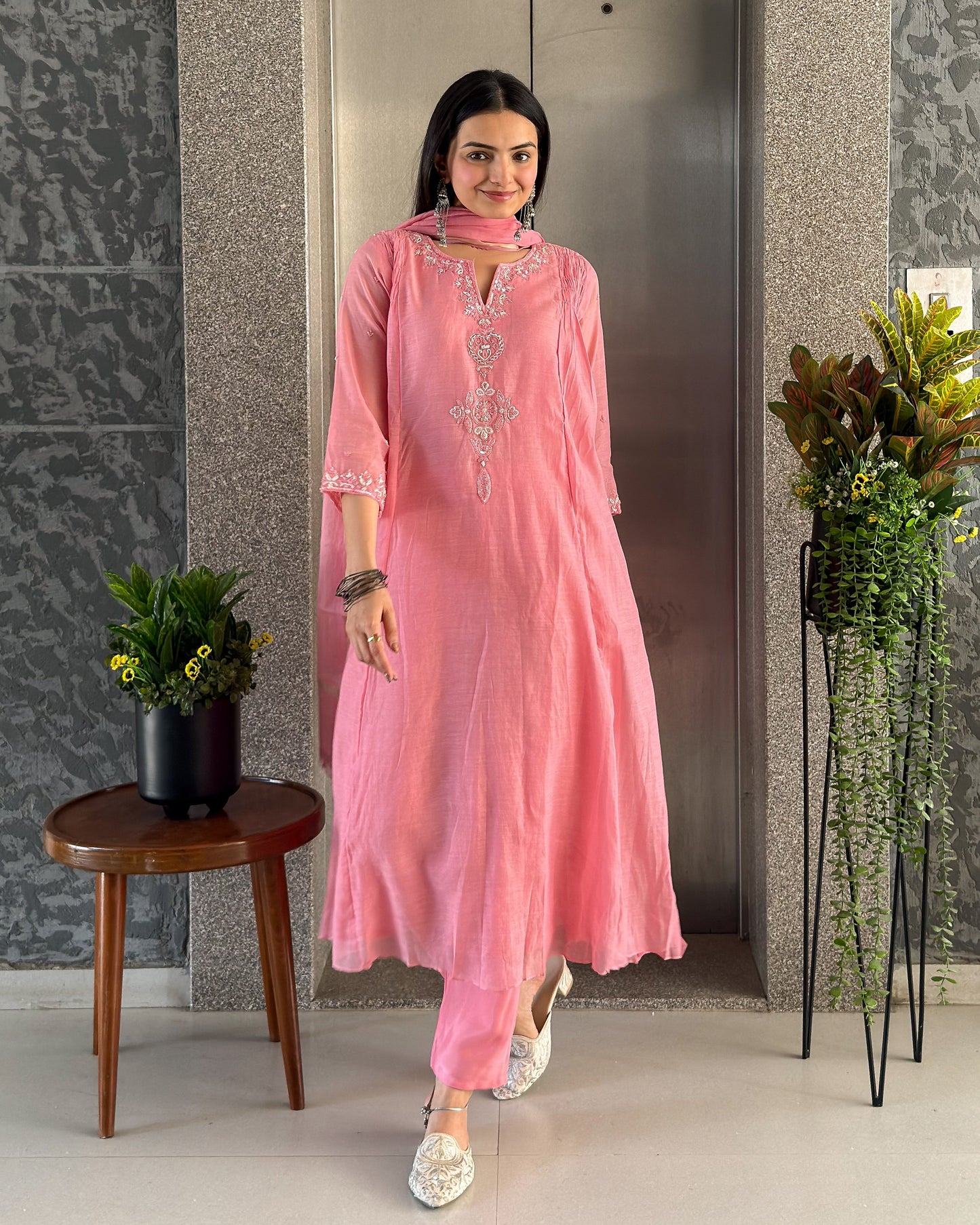 Baby Pink A Line Kurta Pant Set with Dupatta