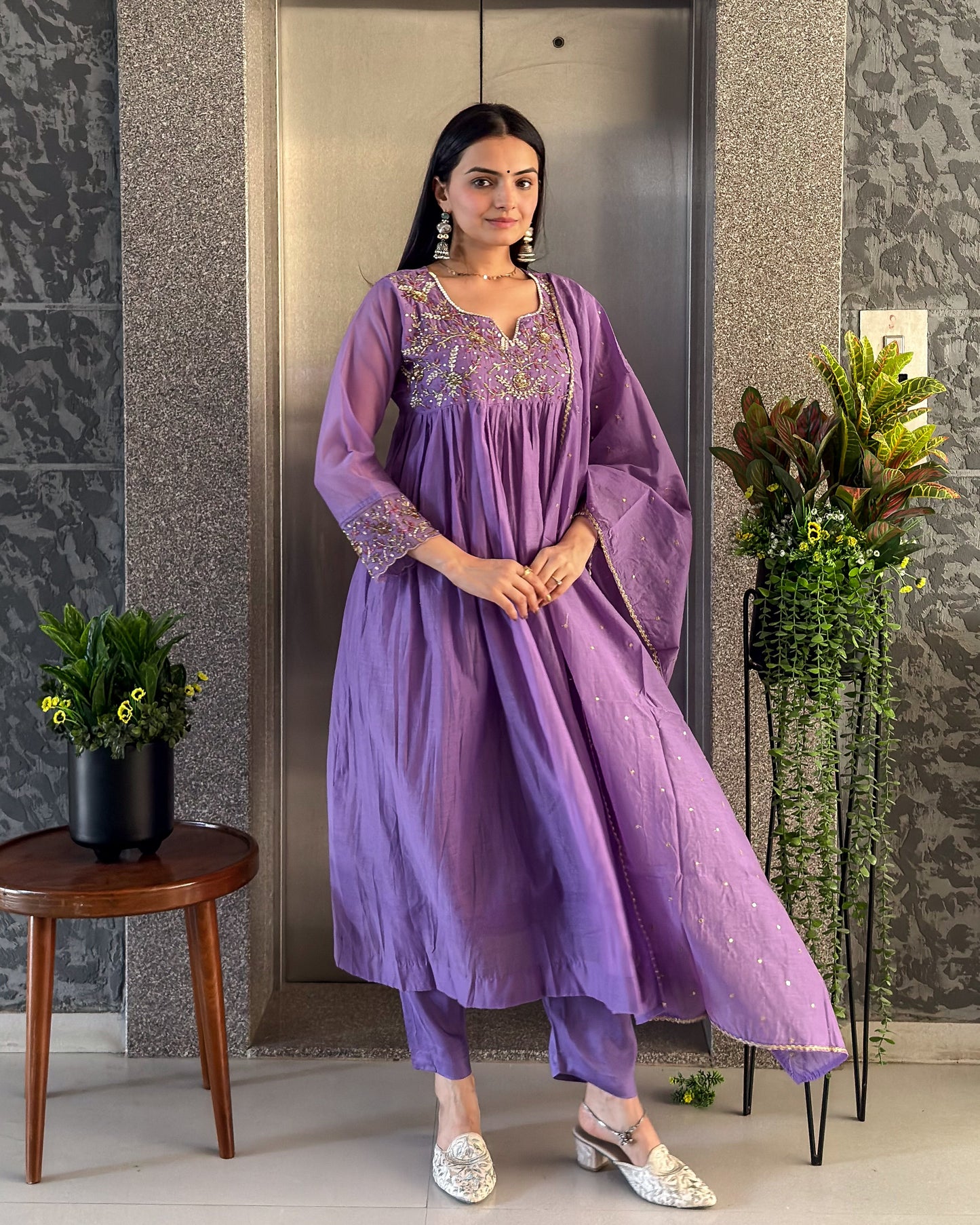Lavender A-Line Kurta Pant Set With Dupatta
