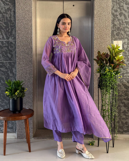 Lavender A-Line Kurta Pant Set With Dupatta